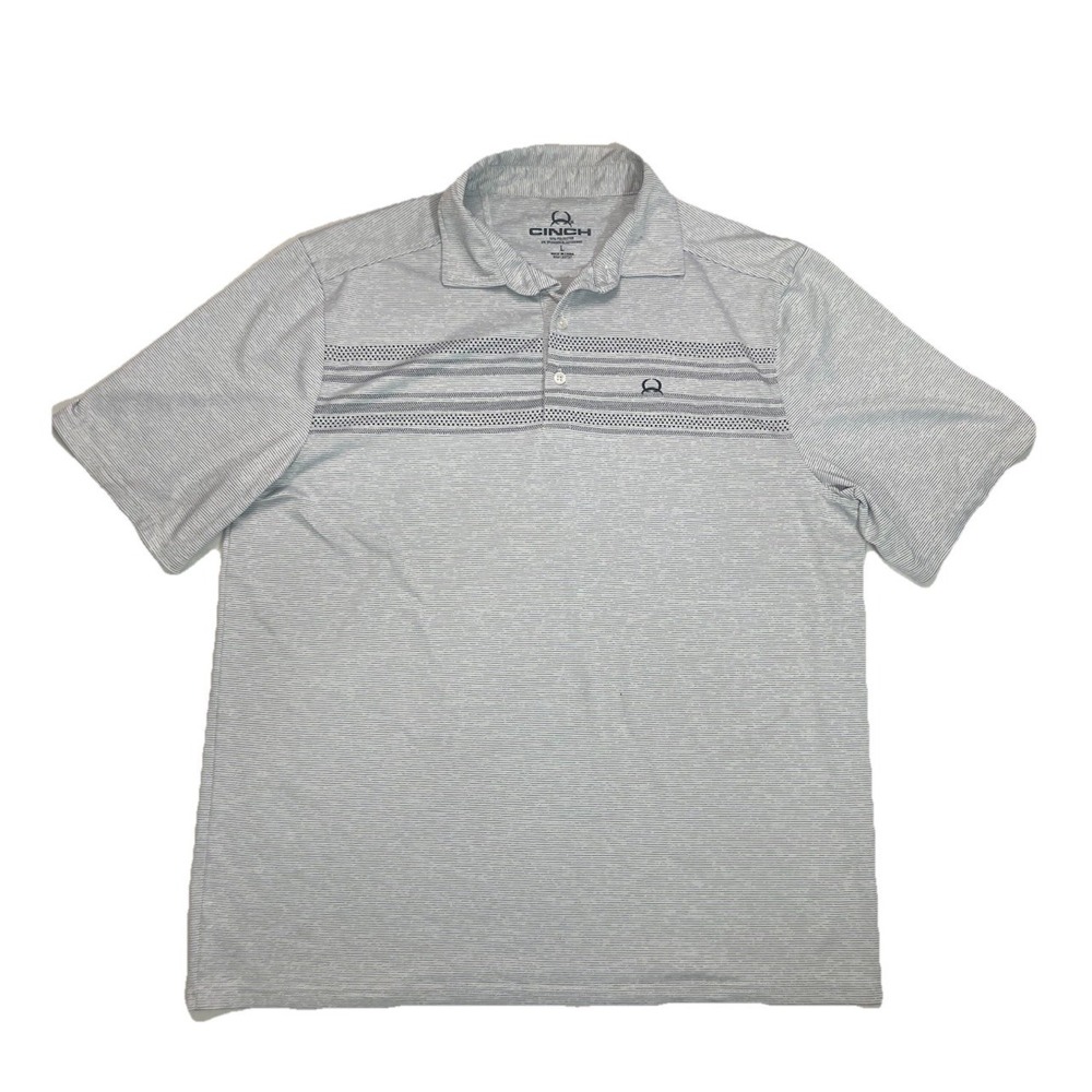 Cinch Shirt Mens L Gray Striped Polo Short Sleeve Stretch Preppy Casual Logo